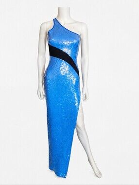DAVID KOMA | Contrast Frame Sequin One Shoulder Gown Blue Black UK 8 US 4 NWT
